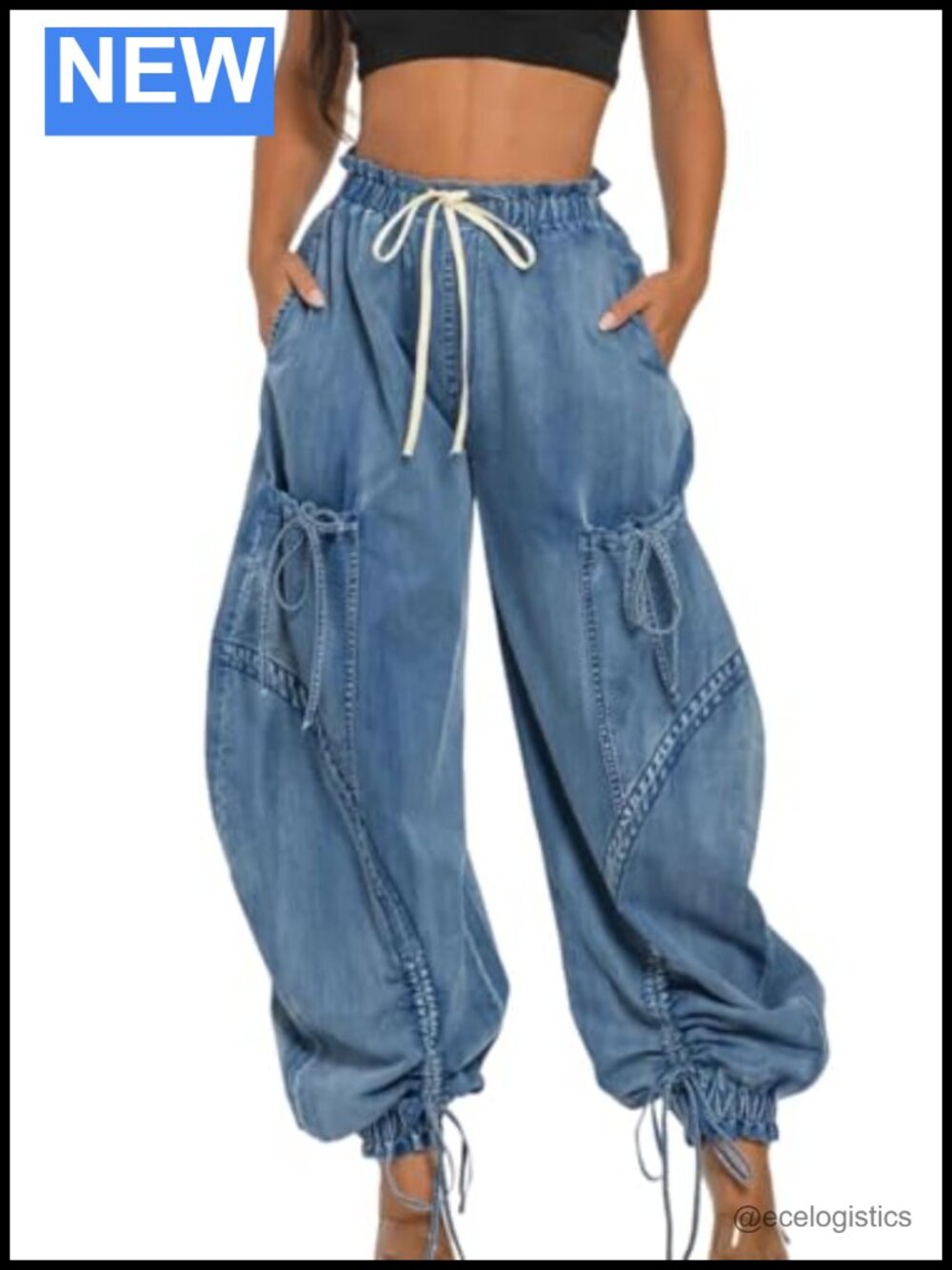 Baggy Cargo Jogger Jeans High Waisted Wide Leg Drawstring Bow Pockets Loose